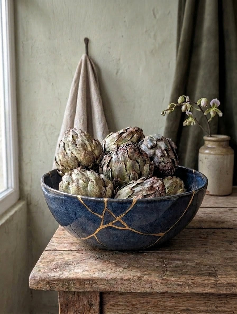 Blue ceramic bowl with artichokes on a wooden table against a neutral wall.