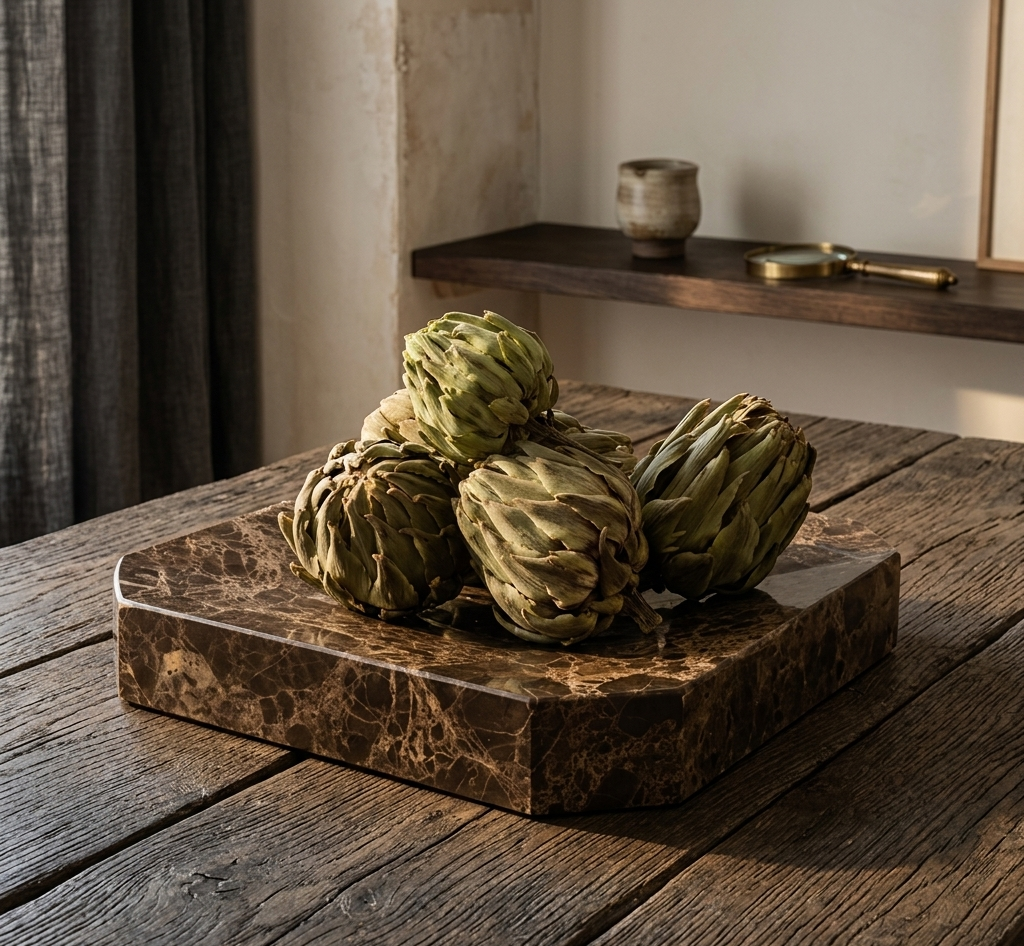 Large dried artichoke botanical sculpture with a natural stem, ideal for rustic wedding centerpieces.