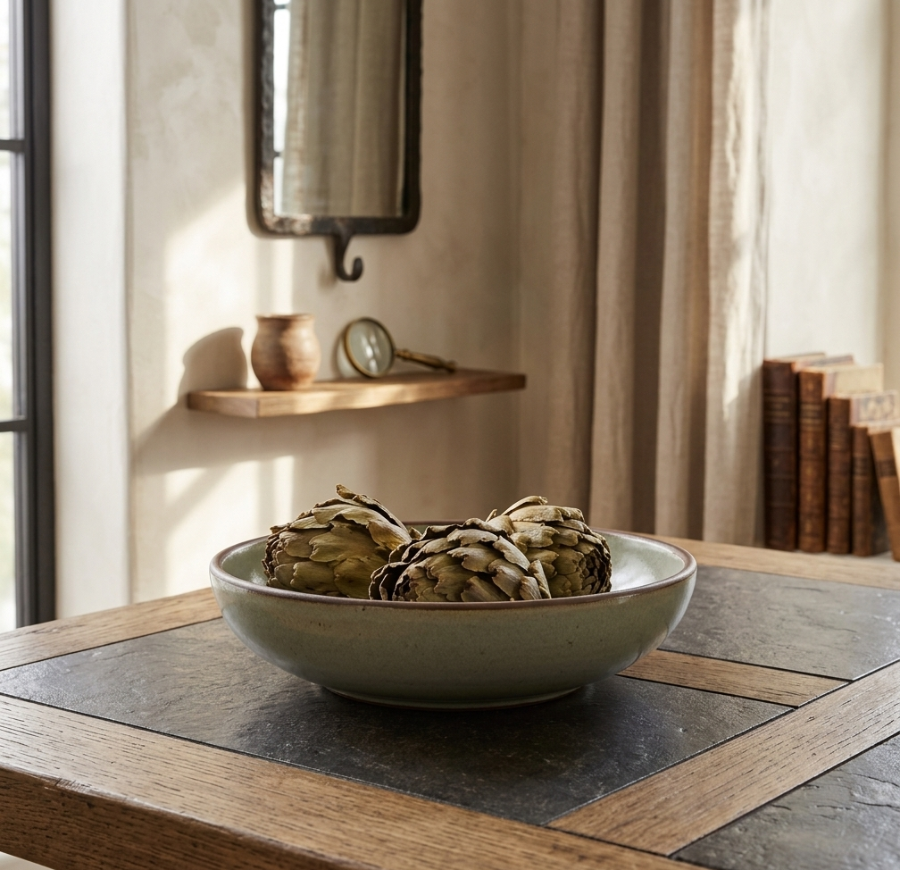A set of three hand-preserved artichokes used as high-texture bowl fillers for a modern farmhouse table.