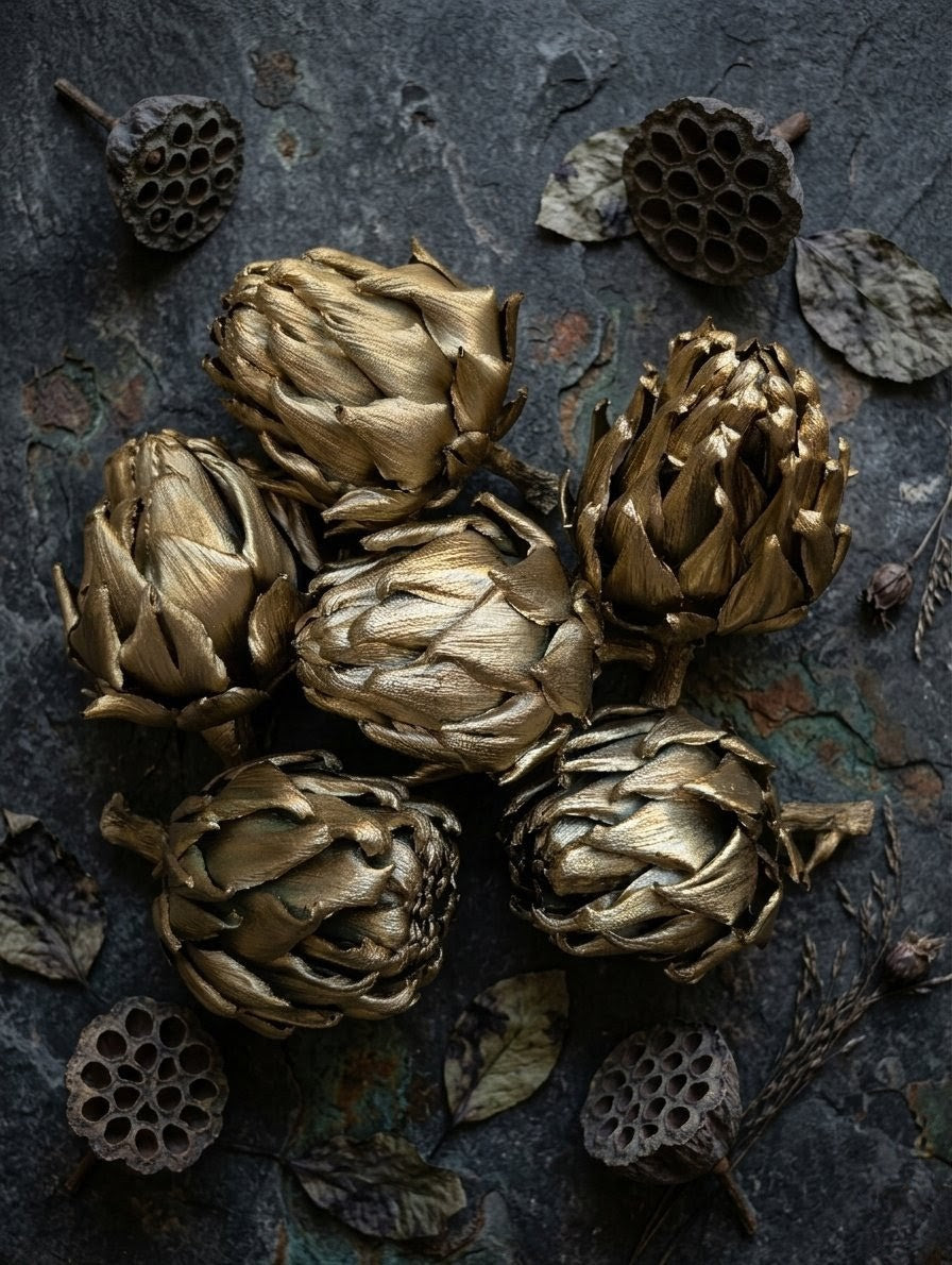 A top-down view of six dried artichokes with a metallic gold finish, arranged on a dark, textured slate background and surrounded by rustic dried lotus pods and withered leaves.