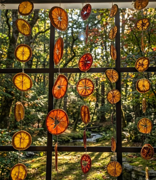 Decorative hanging mobile with dried orange slices against a natural background