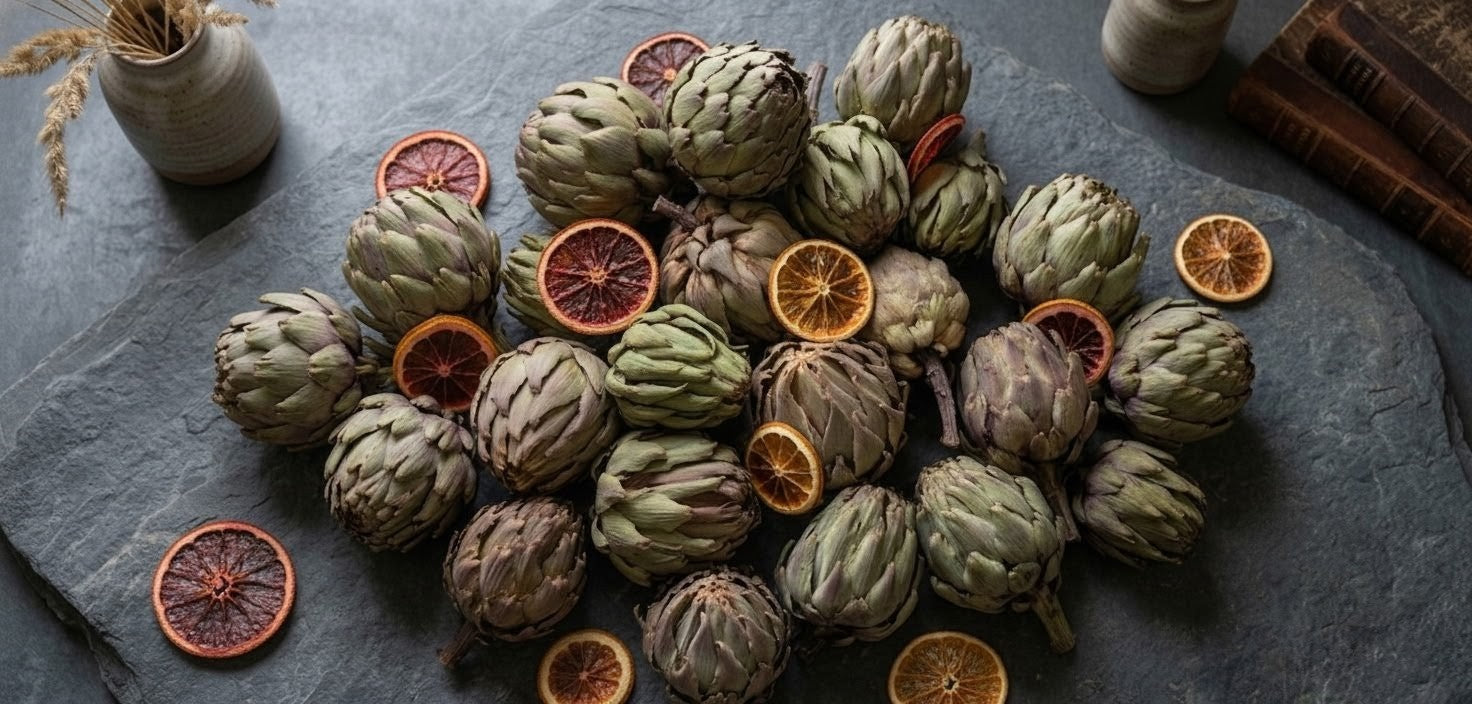 Architectural dried artichoke stem with deep green and ochre tones for wabi-sabi floral arrangements