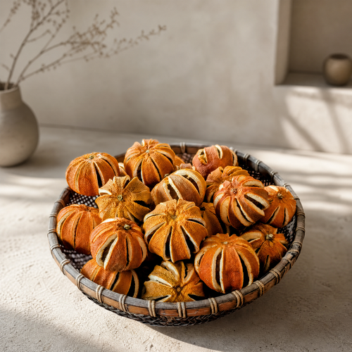 Whole dried orange pomanders with vertical hand-cut slits, showcasing a deep amber citrus interior and rustic  texture.