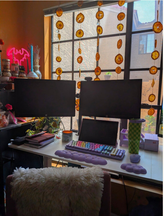 Dried Orange Garlands in front of a home office window